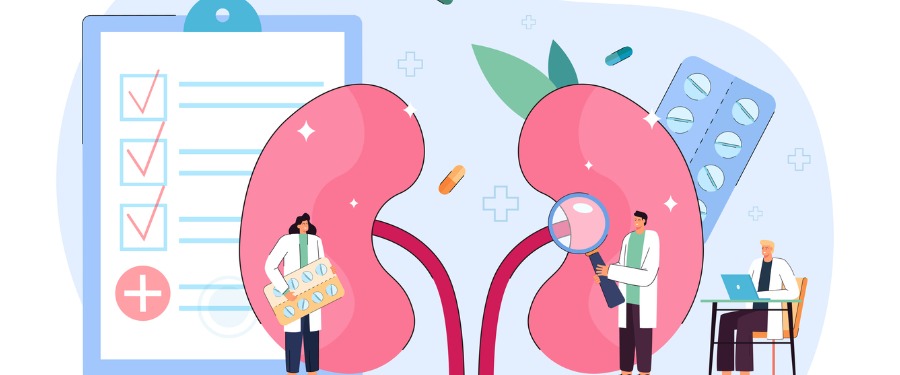 Animated collage of kidneys, doctors, and checklist for National Kidney Month