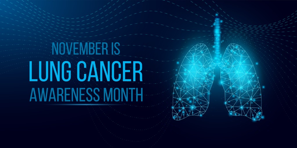 Lung cancer awareness month concept. Banner template with glowing low poly wireframe lungs. Isolated on dark background.